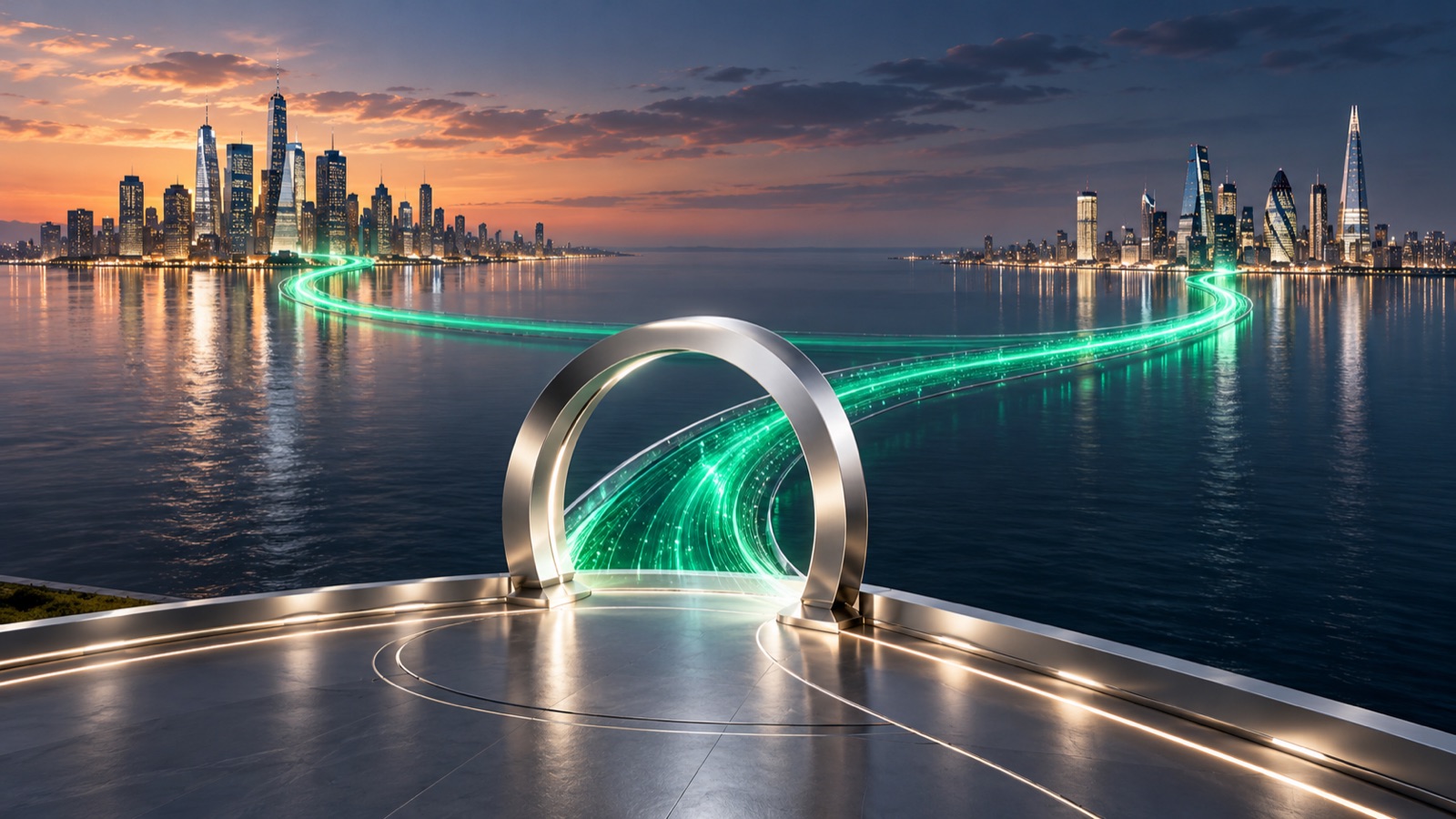 Business telephony for the Americas — ZVONEX illustration Conceptual long-distance business-communications artwork with two skyline groups joined by an emerald ribbon above a dark surface