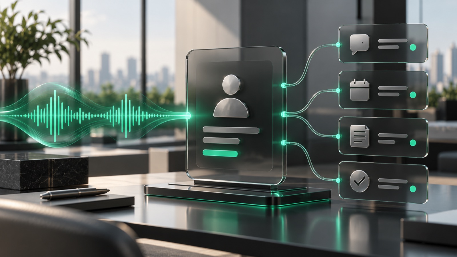 Telephony for Bitrix24: from a call to an action — ZVONEX illustration Conceptual call-to-CRM illustration with a central customer record and an emerald voice waveform among glass panels