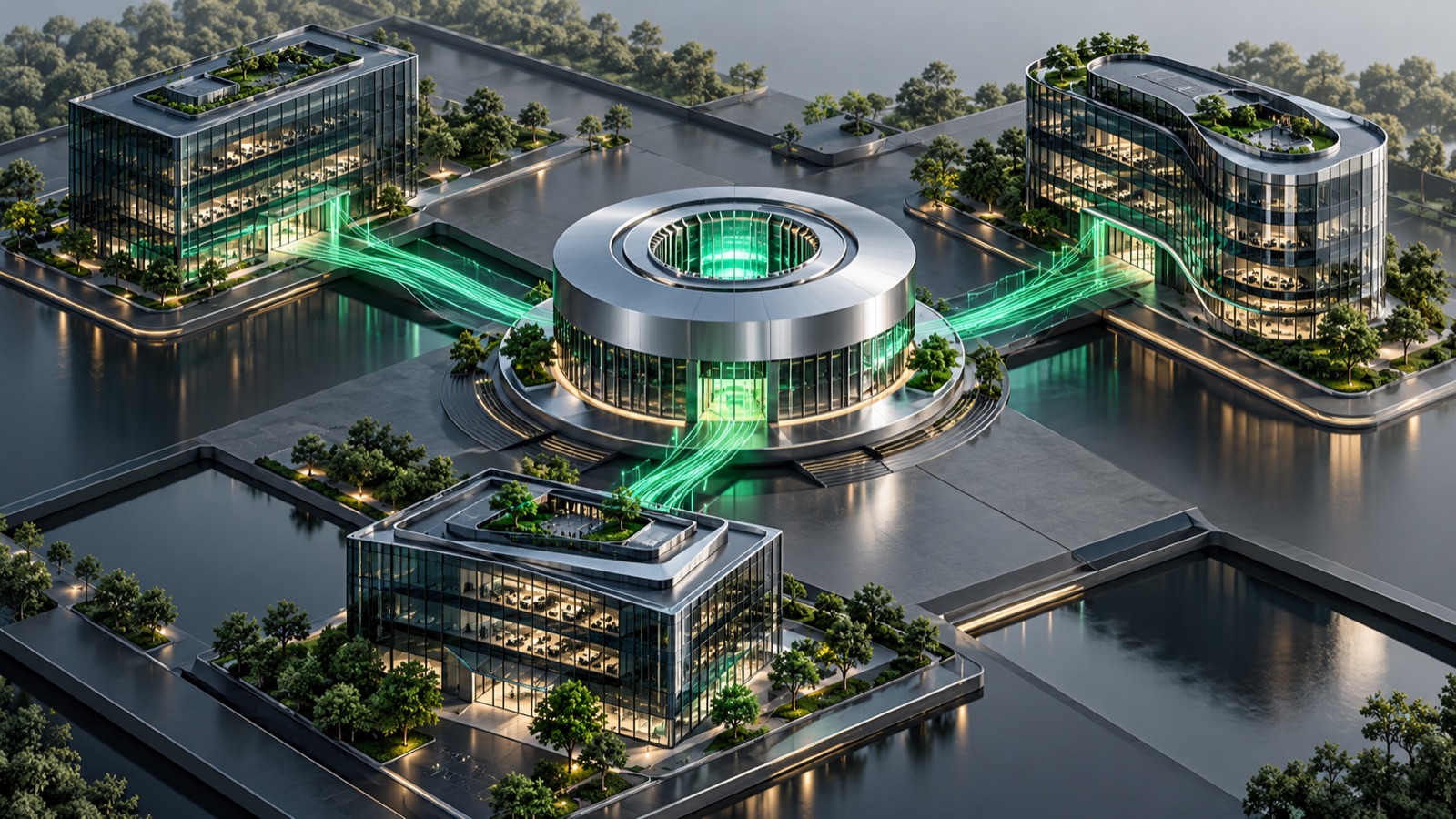 Telephony for branches and international teams — ZVONEX illustration Conceptual branch-network illustration with a central silver communications core and three office blocks linked in emerald