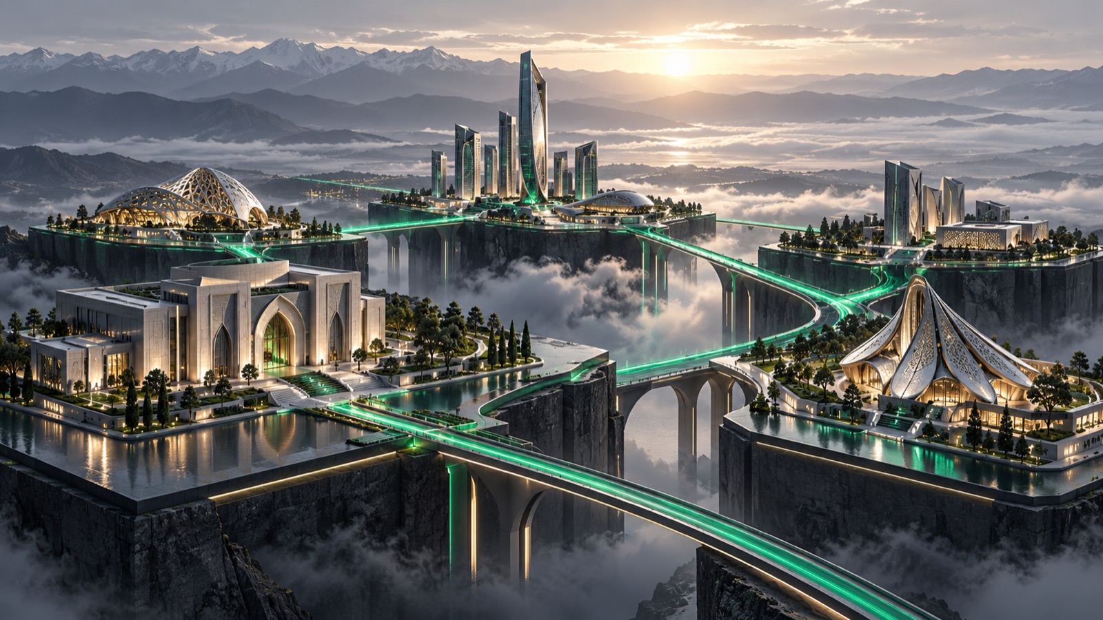 Business telephony planning for CIS destinations — ZVONEX illustration Conceptual regional business-communications illustration with architectural platforms connected by emerald paths