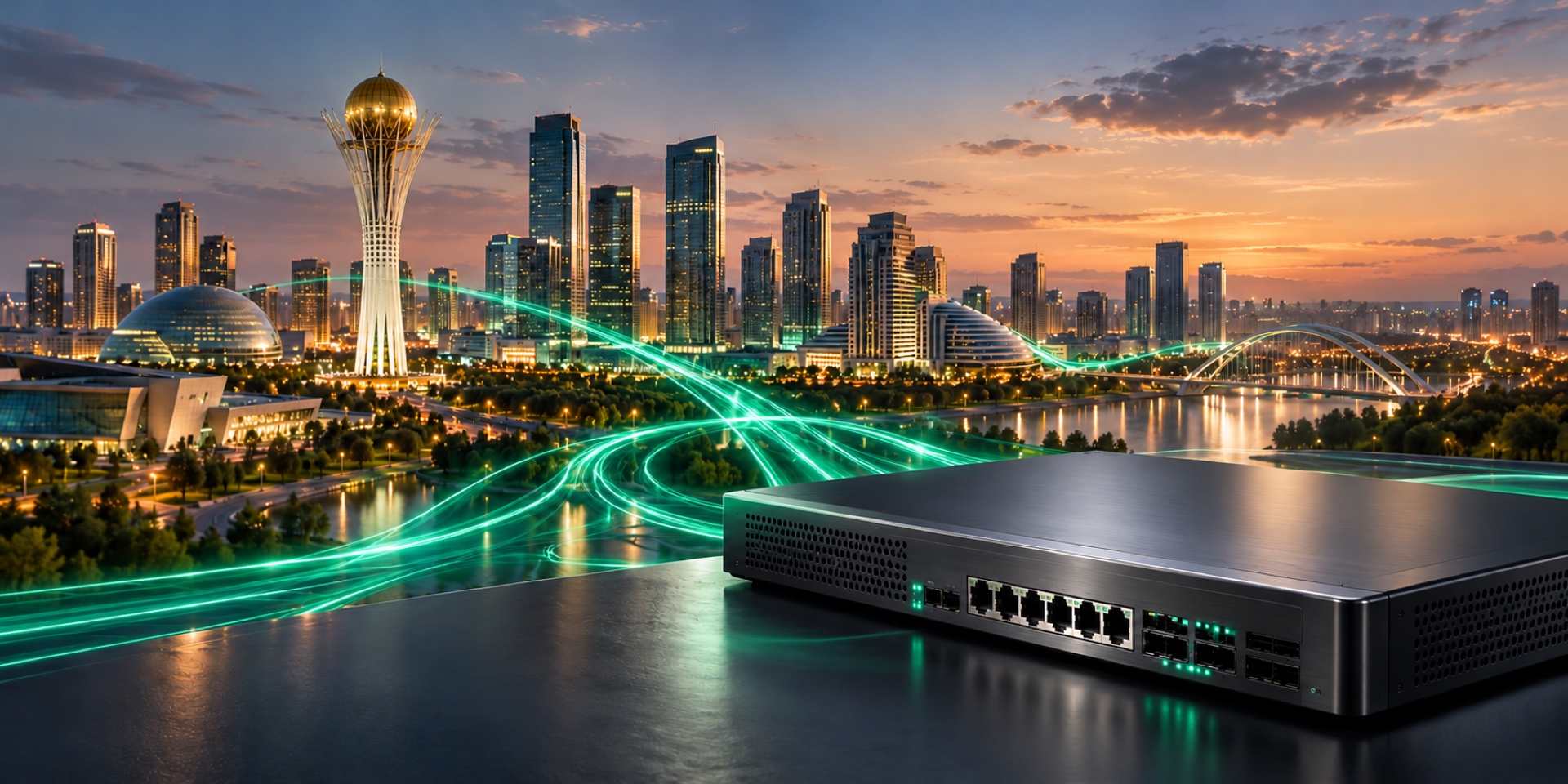 Kazakhstan business voice direction — ZVONEX Conceptual Kazakhstan business communications illustration with an Astana-inspired skyline, graphite telecom equipment and emerald signal paths