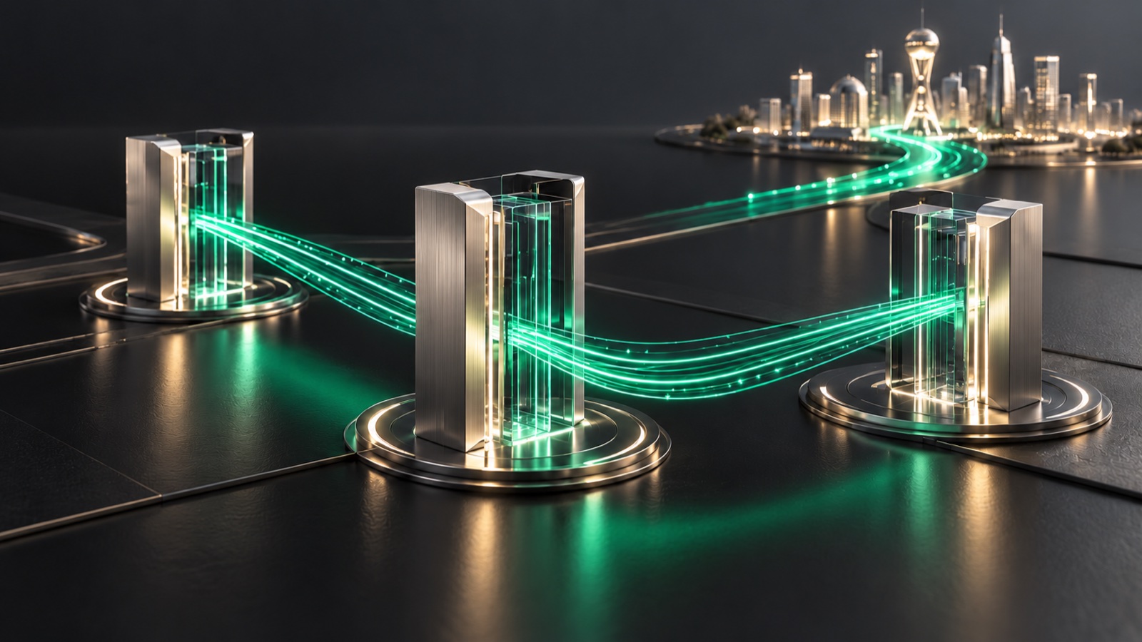 Planning the Kazakhstan voice connection — ZVONEX Conceptual connection-planning illustration with three glass and metal modules linked by emerald light paths