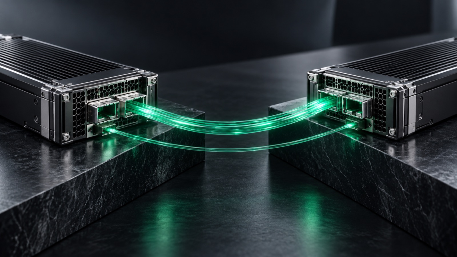 Business telephony resilience planning — ZVONEX illustration Conceptual resilience artwork with two graphite communications modules and separate emerald paths