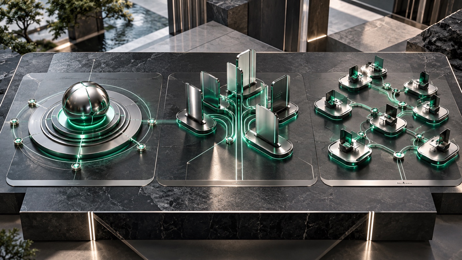 ZVONEX telephony implementation scenarios — ZVONEX illustration Project-planning illustration with three distinct communications models on a table linked by emerald accents