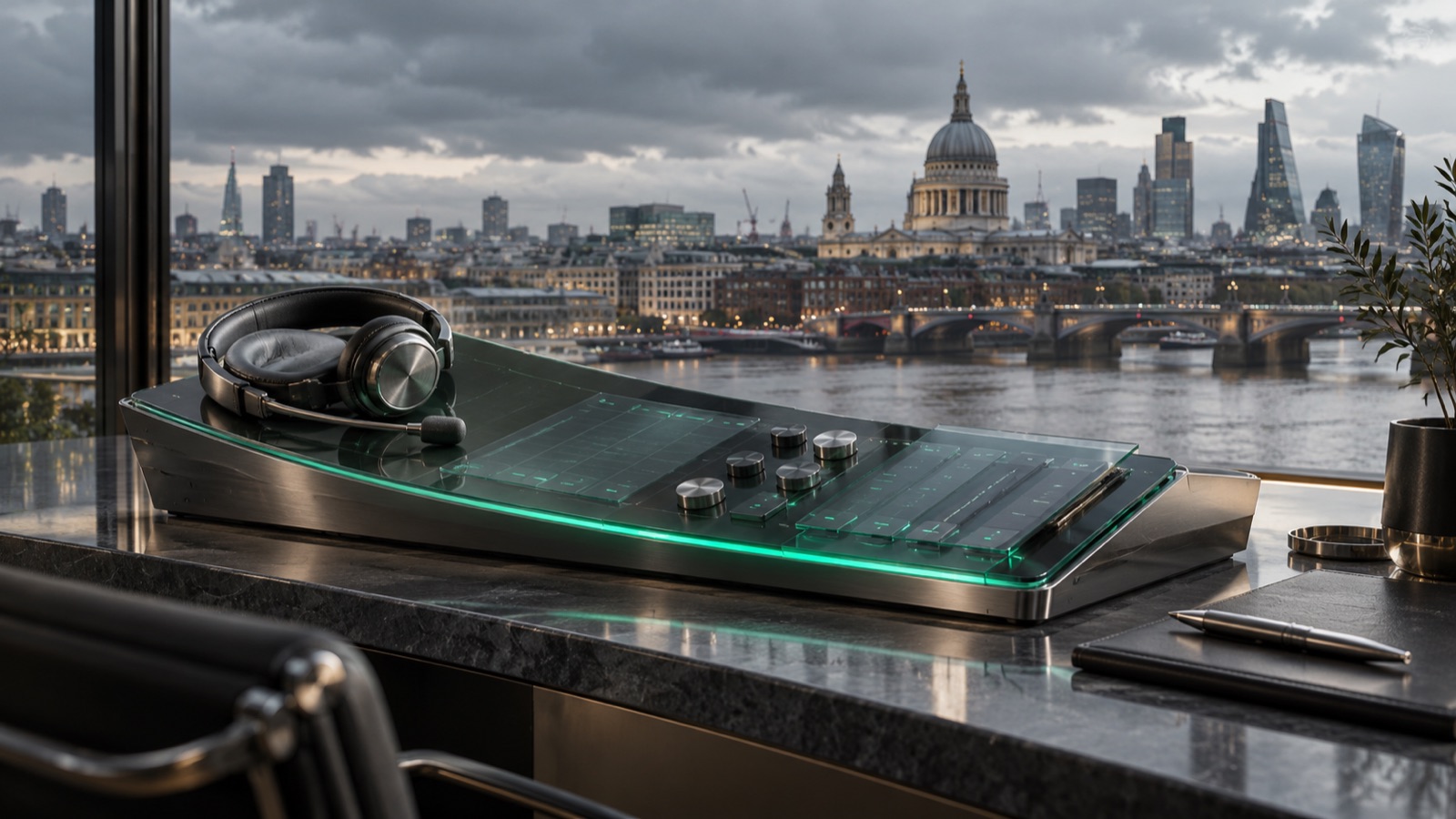 Conceptual UK business-communications illustration with riverside architecture and an emerald voice path beside a communications console