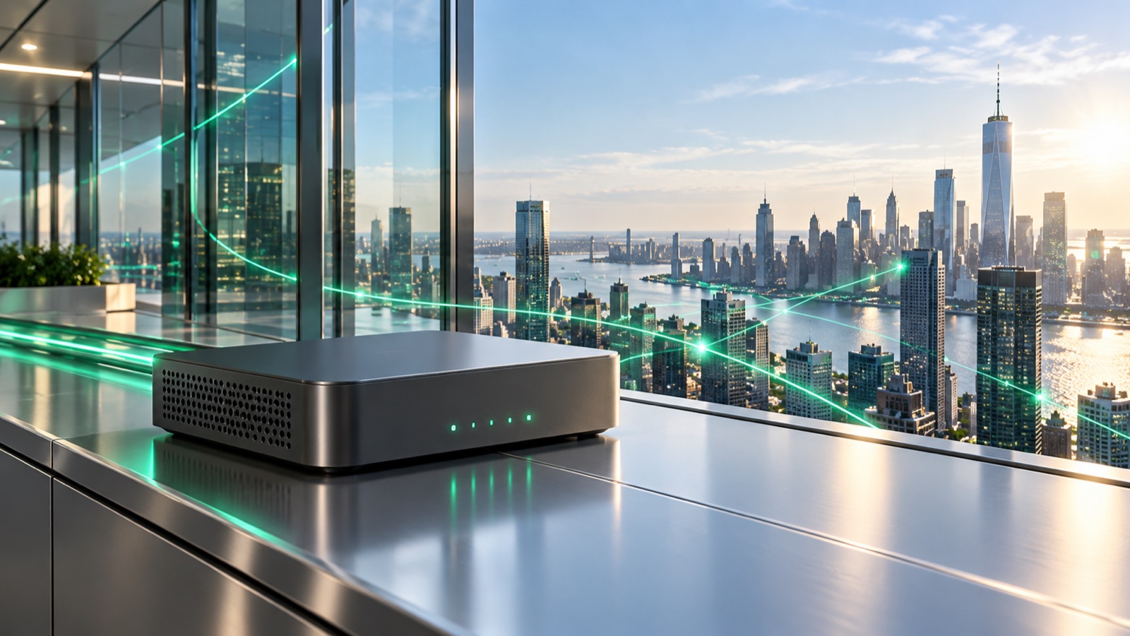 Conceptual US business-calling artwork with a city skyline and emerald signal threads crossing a graphite surface